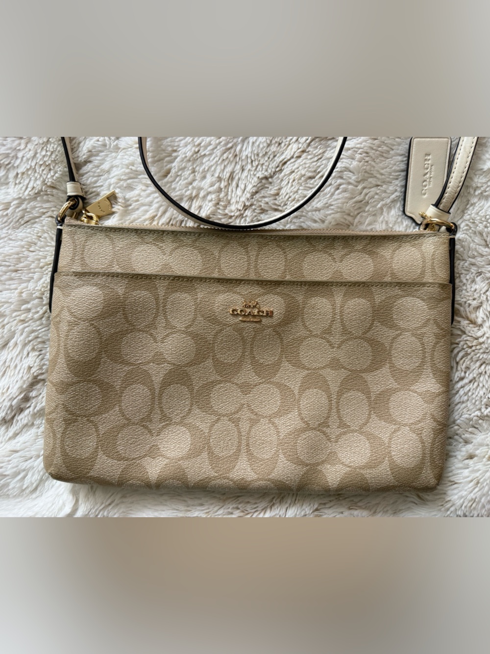 Coach Beige Signature Crossbody With Gold Hardware